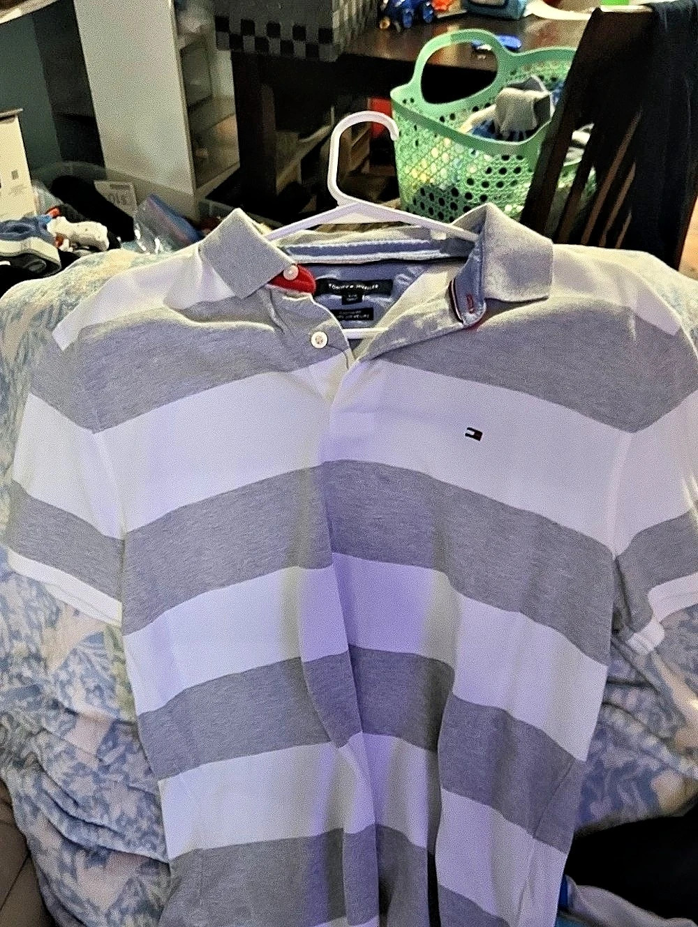 Tommy Hilfiger Custom Fit Striped Pique Polo Shirt Gray & White Medium